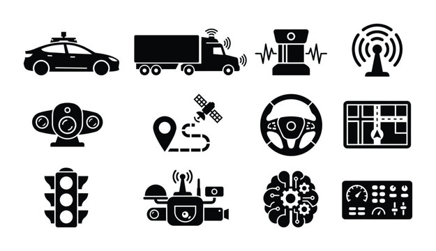 Autonomous Driving Technology Icons: Self-Driving Car, Truck, GPS, Radar, AI Brain, Traffic Signals