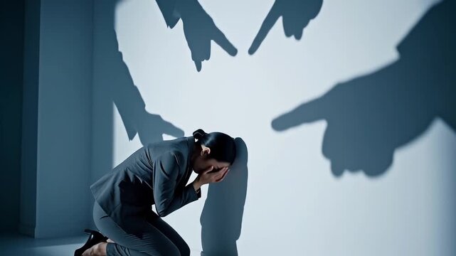 Businesswoman Collapsing Under Pointing Shadows, Cancel Culture
