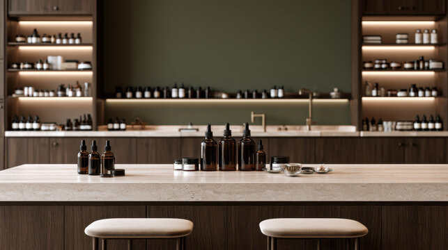 Modern apothecary skincare interior with amber dropper bottles and cosmetic jars displayed on stone counter with shelves and copy space