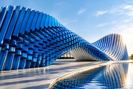 Futuristic Blue Parametric Architecture with Reflecting Pool