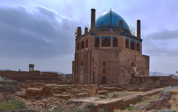 Soltaniyeh Dome with Mountains and Historic Ruins, Iran