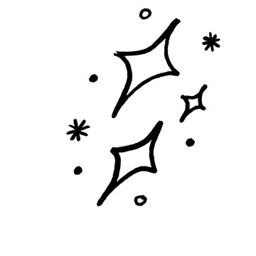 A hand drawn black and white doodle of sparkling stars and glitter elements isolated on transparent background for creative design projects