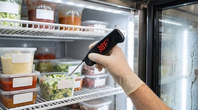 Gloved hand checking food temperature inside industrial walk in fridge unit.