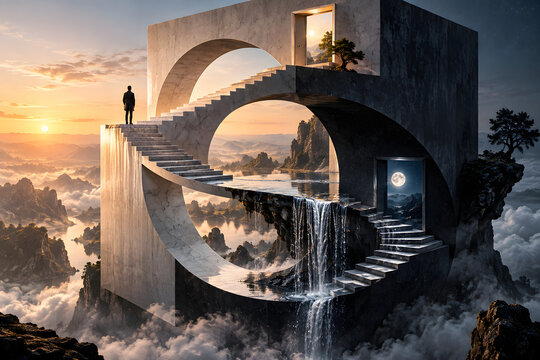 Impossible Staircase Between Day and Night in Surreal Dream Landscape