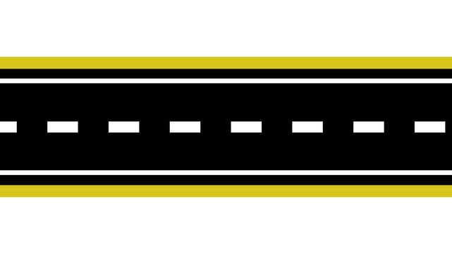 Asphalt road background animation with white dashed line and yellow shoulder borders
