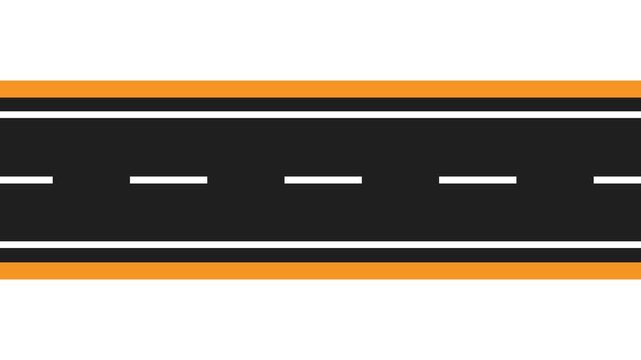 Asphalt road background animation with white dashed line and yellow shoulder borders