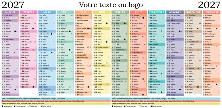 Calendrier Fran&ccedil;ais 2027 modifiable vectoriel, grand format France, textes en Arial, &eacute;ditables et vectoris&eacute;s. Mod&egrave;le personnalisable pour bureau.