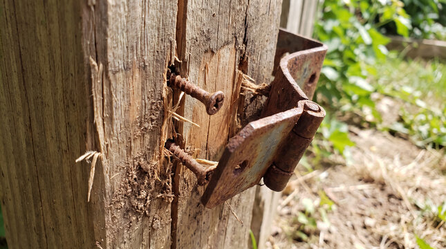 Rusty metal hinge pulling away from weathered wood post with exposed screws and splintering timber, showing damage and decay