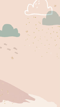 Winter season background vector in pastel pink with doodle mountain illustration