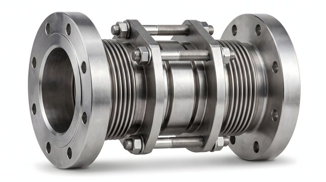 Metal bellows expansion joint with bolted flanges on white backdrop.