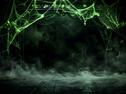 Spooky Halloween background with glowing green spider webs | Dark haunted dungeon stage with thick fog and mist | Creepy neon green cobwebs on stone tiles | Eerie horror scene backdrop