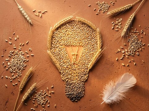 Light bulb symbol made of natural wheat grains and organic ears on brown texture