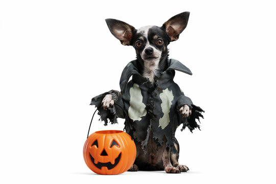 Chihuahua wearing tattered zombie costume carrying jack-o-lantern basket in mouth