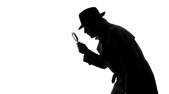 Silhouette of a detective in a trench coat using a magnifying glass to investigate evidence.