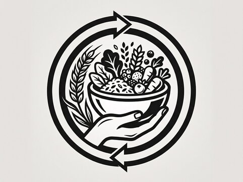 Black and white hand holding a bowl of fresh produce with cycle arrows icon
