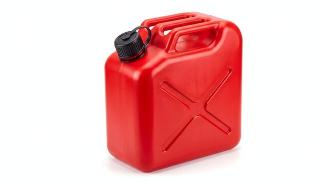 Red plastic gasoline fuel can container with black cap isolated white background.