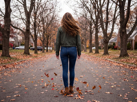 Woman walking on an autumn street, brown leaves blowing, wind rustling her hair, exploring a quiet neighborhood path