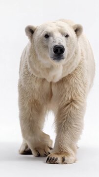 Polar bear standing powerfully isolated on white background, showcasing its thick fur coat. The bear exudes strength and beauty typical of arctic wildlife. Video made using Generative AI.