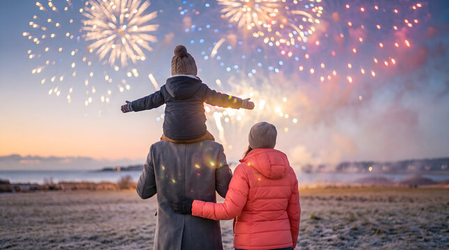 Family watching fireworks display on beach at night