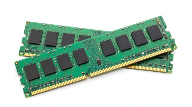 Two green computer memory ram modules isolated on clean white background.
