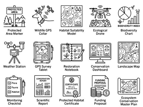 Wildlife conservation and ecology research icons, 15 environmental monitoring vector set, biodiversity protection and habitat restoration symbols