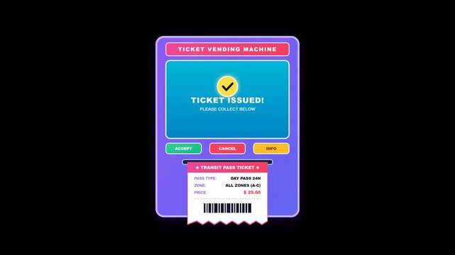 digital ticket vending machine dispensing transit pass on screen for public transportation interface
