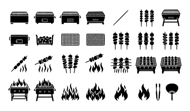 Yakitori Grill Skewers Fire Lines Black Filled Monochrome Vector Icon Set