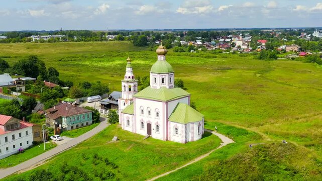 Suzdal, Russia. Flight. Church of Elijah the Prophet on Ivanova Hill or Church of Elijah - a temple in Suzdal in the bend of the Kamenka River. Drone footage, Point of interest