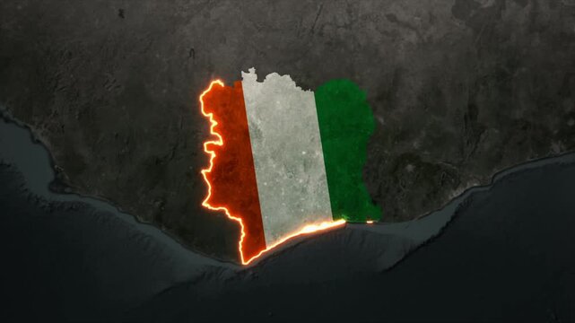 Animated IVORY COAST Map Filled with Flag with animated Golden Border