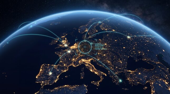 Detailed view of planet Earth from space highlighting Europe at night with glowing city lights and digital communication network connections linking major metropolitan areas together