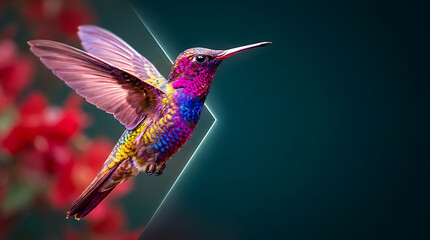 Obraz premium Vibrant hummingbird hovering in mid-air against a dark blurred floral background