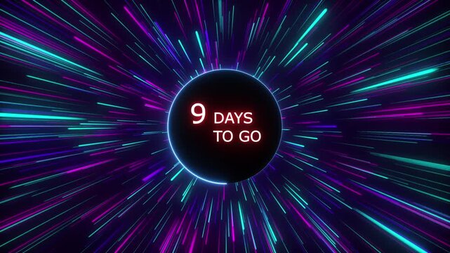 Neon 9 days to go animation. Neon counting number animation 9 days to go. line glowing on a black background. and creating a stunning 4k video.