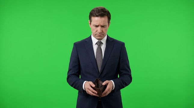 Sad businessman looking at his empty wallet against a green screen background
