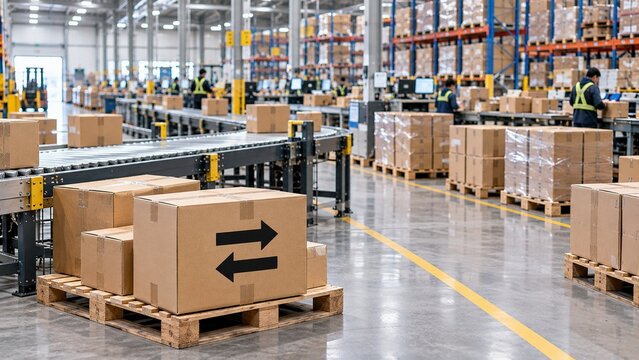 Warehouse receiving and returned goods processing area with packages, conveyors and pallets, representing inventory management and reverse logistics operations.