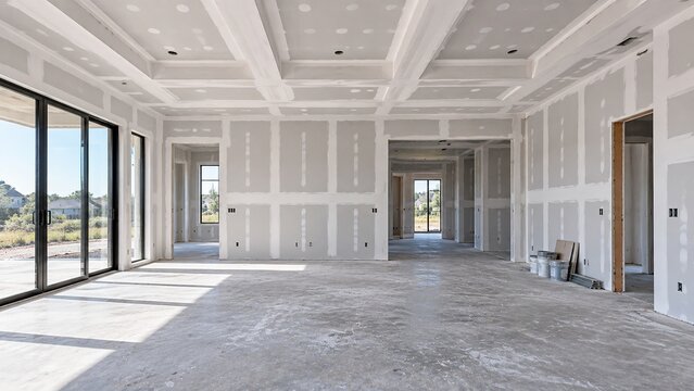 Unfinished residential interior with newly installed drywall and joint compound, modern home construction, renovation and interior finishing project.