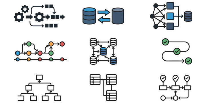 Workflow and data flow diagrams with gears, databases, and decision trees for process management.