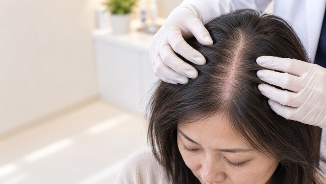 Woman having scalp inspected after platelet rich plasma hair treatment