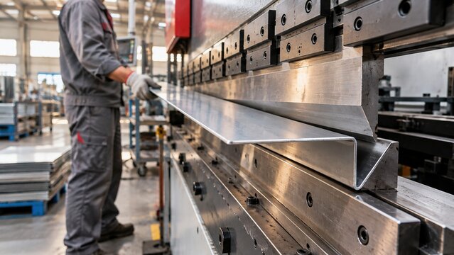 Metal fabrication worker bending sheet metal with an industrial press brake machine during precision manufacturing and factory production.