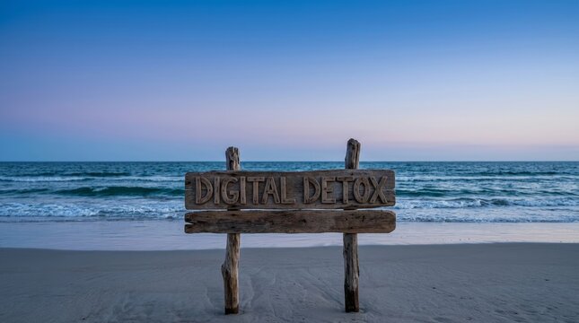 Wooden sign reading 'Digital Detox' on a serene beach with gentle waves.