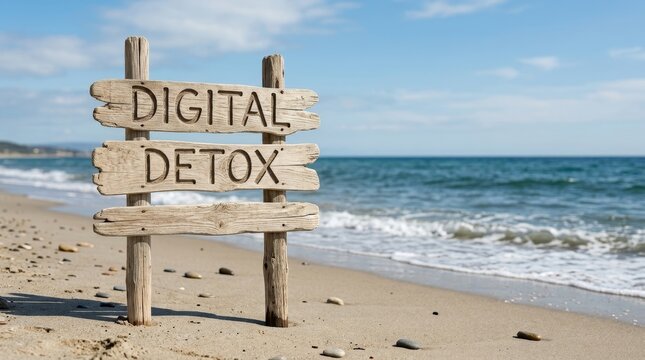 Wooden sign reading 'Digital Detox' on a sunny beach, symbolizing relaxation and unplugging.
