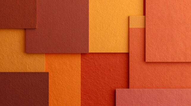 Geometric Harmony in Warm Tones: Overlapping squares and rectangles in shades of rust, terracotta, and ochre create an abstract composition evoking warmth and depth.