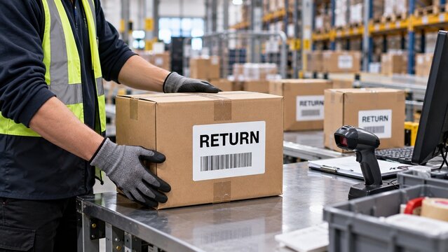 Warehouse worker processing a RETURN labeled package at receiving station, representing ecommerce customer returns, inspection and reverse logistics management.
