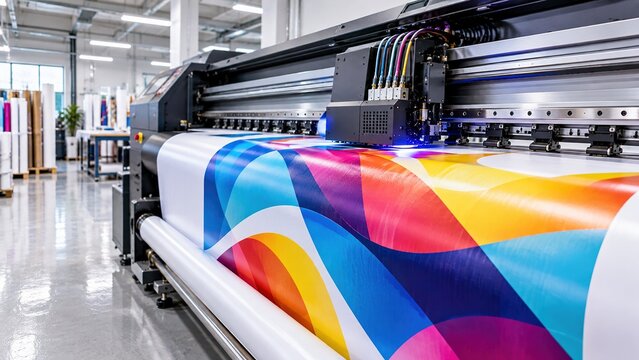 Large format digital printer producing colorful graphics on roll material in professional print shop, representing commercial printing and signage production.
