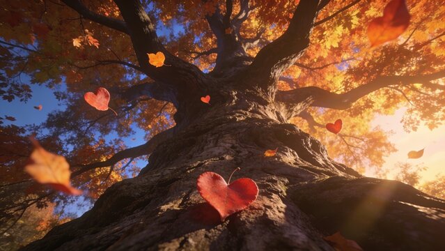 Heart Shaped Autumn Leaves Falling from Oak Tree Low Angle Sunlight View