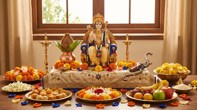 Lord rama idol with traditional offerings for ram navami festival celebration
