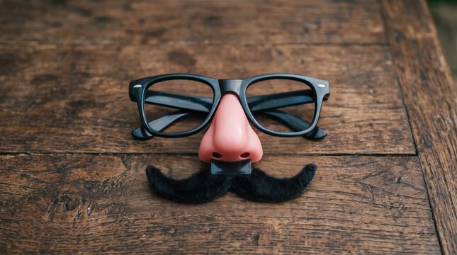 Disguise novelty nose glasses and mustache on rustic wood surface with overhead lighting