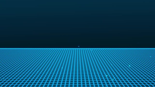 Bright blue neon grid floor perspective on black background with subtle glowing particles for technology, gaming, digital, and sci-fi visuals