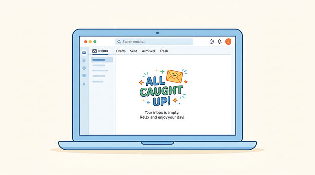Laptop Displaying Empty Email Inbox Screen with All Caught Up Message Illustration