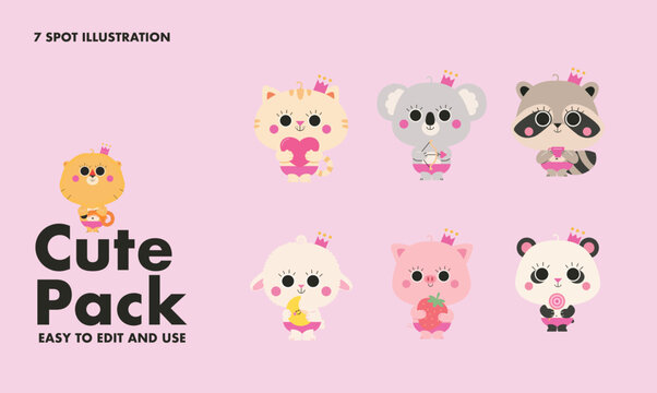 Cute Animal Princess Character Pack &ndash; 7 Kawaii Vector Illustrations