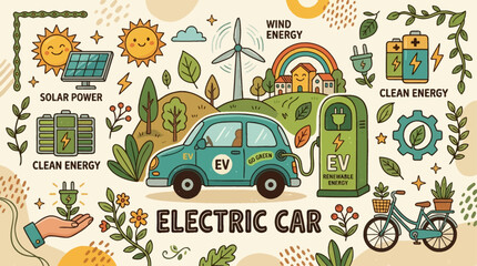 Obraz premium Illustration of an electric car charging station powered by solar and wind energy, promoting clean transportation and environmental sustainability.